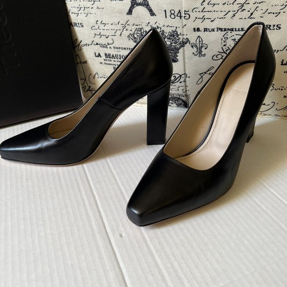 Theory Slim Square Pumps Shoes Size 40/9 Black All Leather Classic Heels Italy - Picture 7 of 13